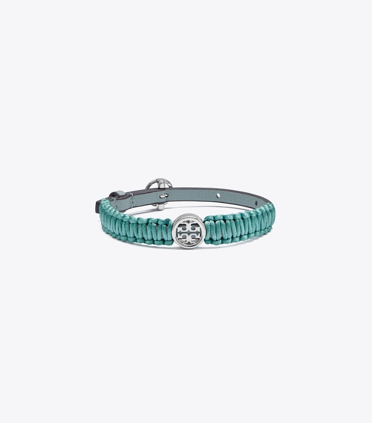 Tory Burch designer bracelets Miller Silk Leather Bracelet in Shiny Tory Silver/Blue Celadon front