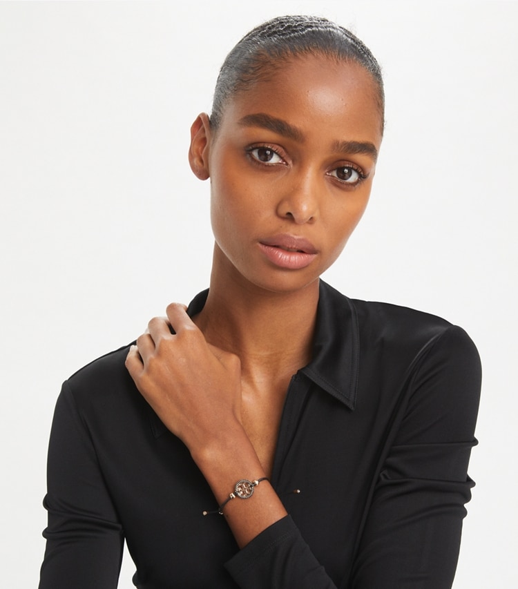 Tory Burch designer bracelets Miller Slider Bracelet in Tory Silver / Mint / Crystal accessory on model