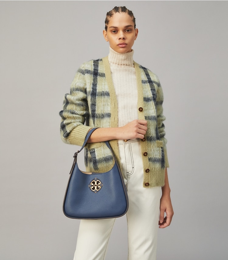 Tory Burch designer hobo bags Miller Small Classic Shoulder Bag  in Bluestone additional on model