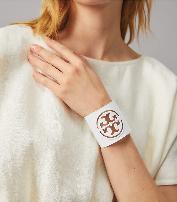 Tory Burch designer bracelets Miller Small Cuff in Optic White accessory on model