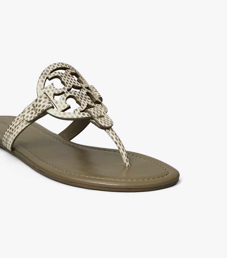 Tory Burch designer sandals Miller Snake-Embossed Leather Sandal in SMOKE ROCCIA / WILD MUSHROOM angle