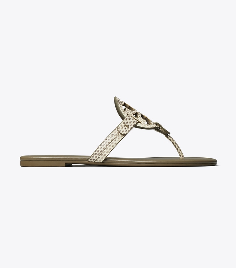 Tory Burch designer sandals Miller Snake-Embossed Leather Sandal in SMOKE ROCCIA / WILD MUSHROOM angle