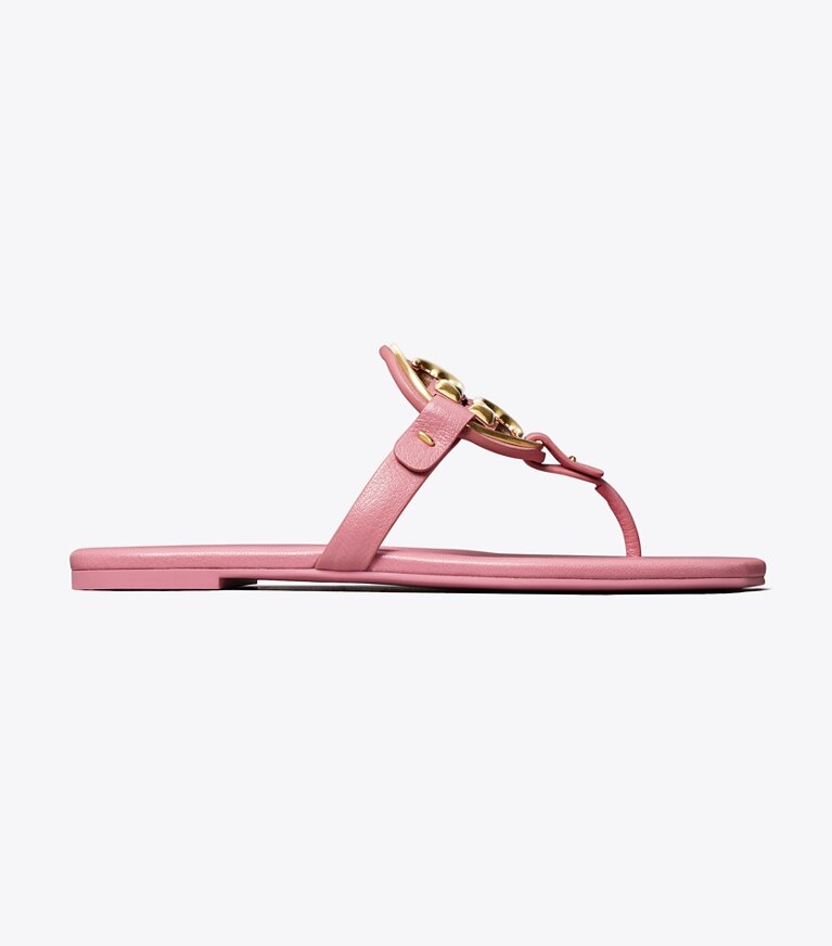 Tory Burch designer sandals Miller Soft Metal Logo Sandal in PINK BUBBLEGUM / GOLD angle