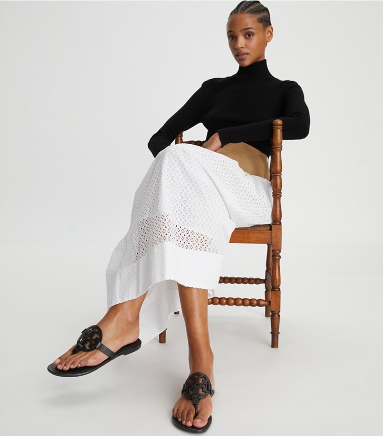 Tory Burch designer sandals Miller Soft Sandal, Narrow in PERFECT BLACK accessory on model