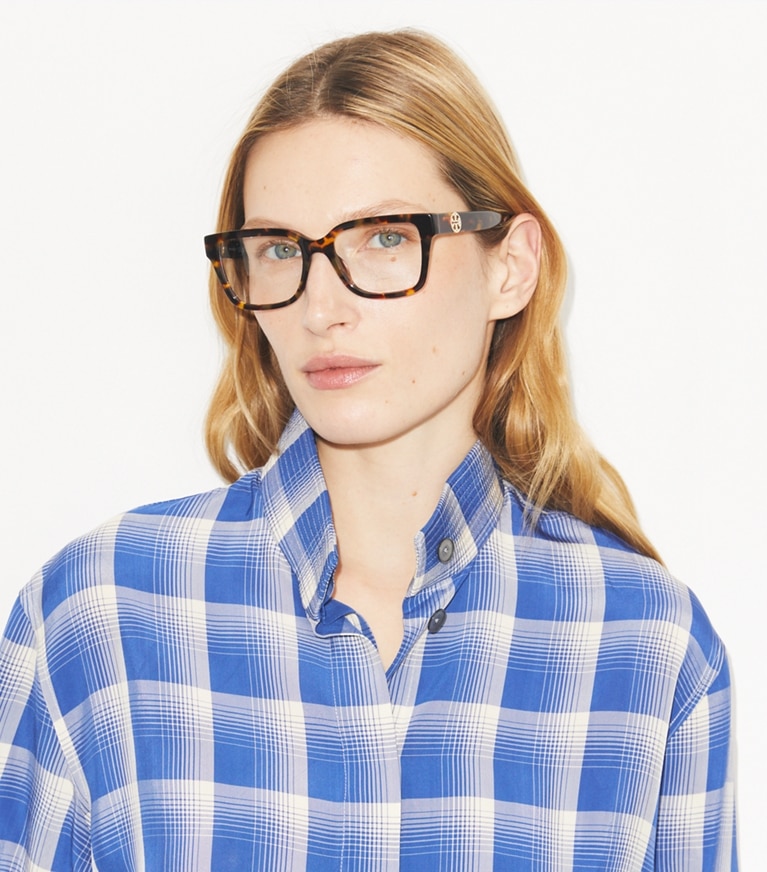 Tory Burch designer sunglasses & eyewear Miller Square Eyeglasses in DARK TORTOISE accessory on model