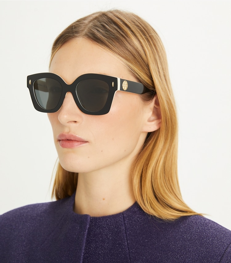 Tory Burch designer sunglasses & eyewear Miller Square Sunglasses in TRANSPARENT SAGE/ LIGHT GREY GRADIENT accessory on model