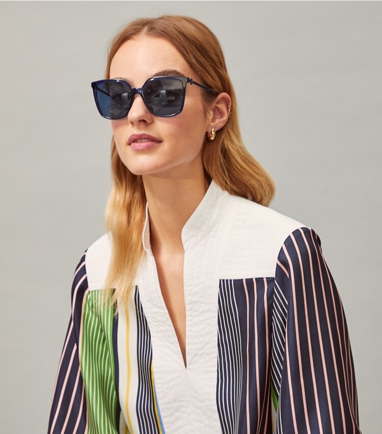 Tory Burch designer sunglasses & eyewear Miller Square Sunglasses in Black accessory on model
