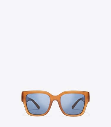 Tory Burch designer sunglasses & eyewear Miller Square Sunglasses in AMBER BROWN/BLUE front