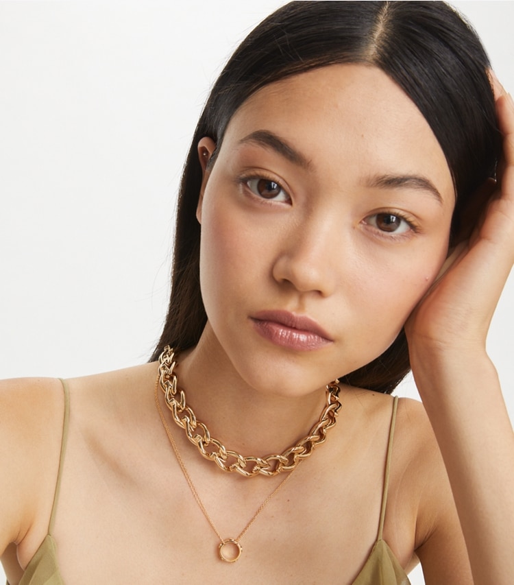 Tory Burch designer necklaces Miller Stud Circle Pendant in Tory Gold additional on model