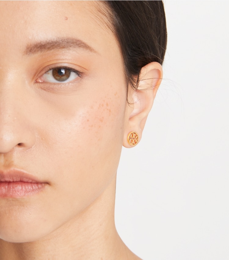 Tory Burch designer earrings Miller Stud Earring in Tory Silver accessory on model
