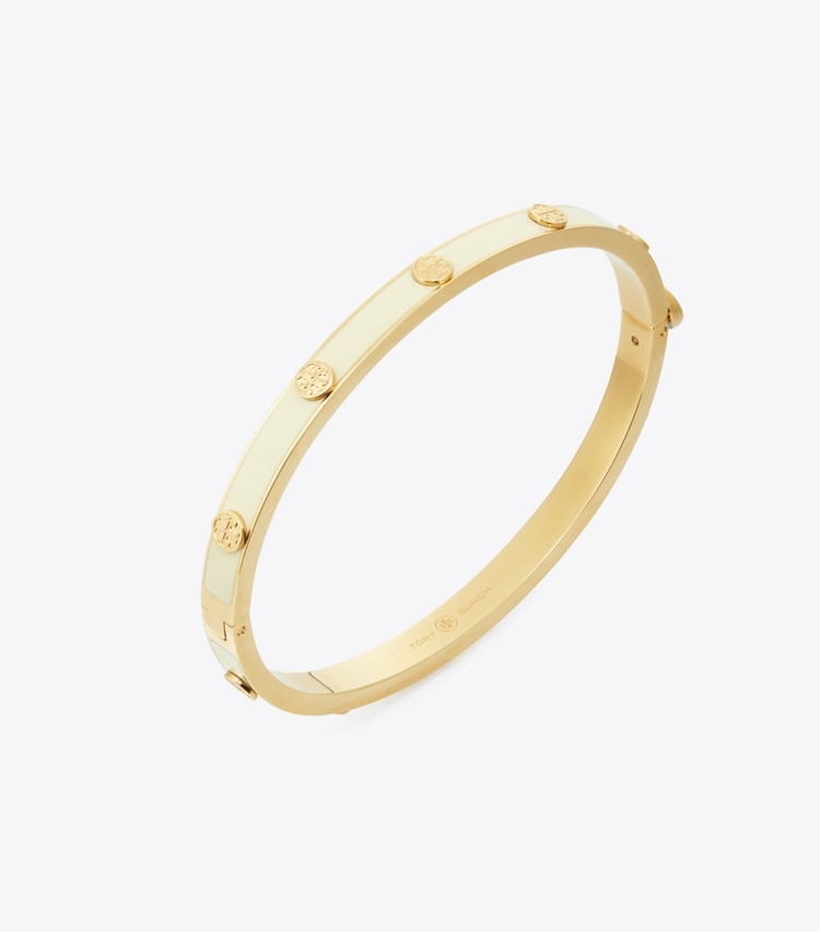 Tory Burch designer ブレスレット ミラー スタッズ エナメル 5mm ヒンジブレスレット in Tory Gold / New Ivory ディテール