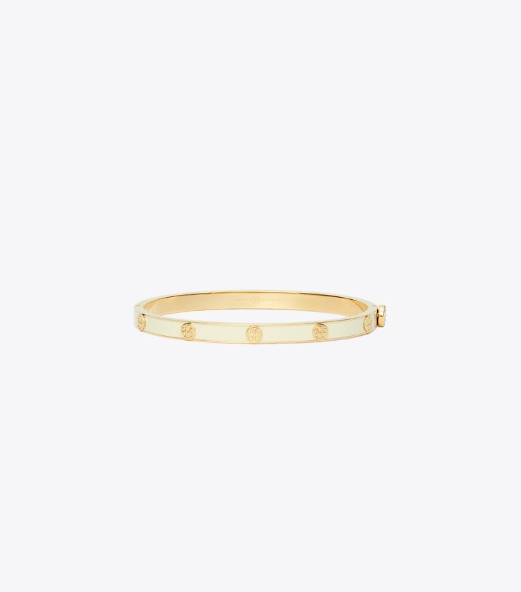 Tory Burch designer ブレスレット ミラー スタッズ エナメル 5mm ヒンジブレスレット in Tory Gold / New Ivory front