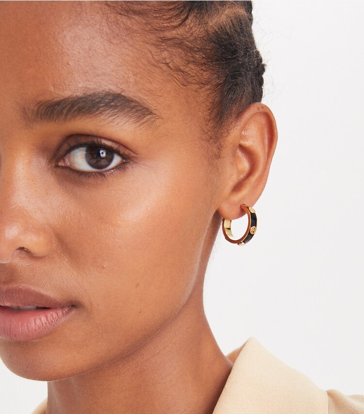 Tory Burch designer earrings Miller Stud Enamel Hoop Earring in Tory Gold / Black accessory on model