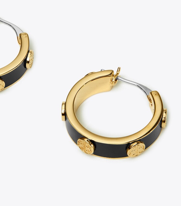 Tory Burch designer earrings Miller Stud Enamel Hoop Earring in Tory Gold / Black detail