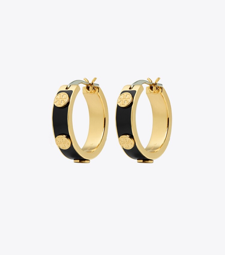 Tory Burch designer earrings Miller Stud Enamel Hoop Earring in Tory Gold / Black front