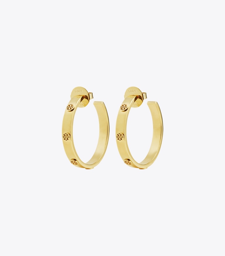 Tory Burch designer earrings Miller Stud Hoop Earrings in Tory Gold front