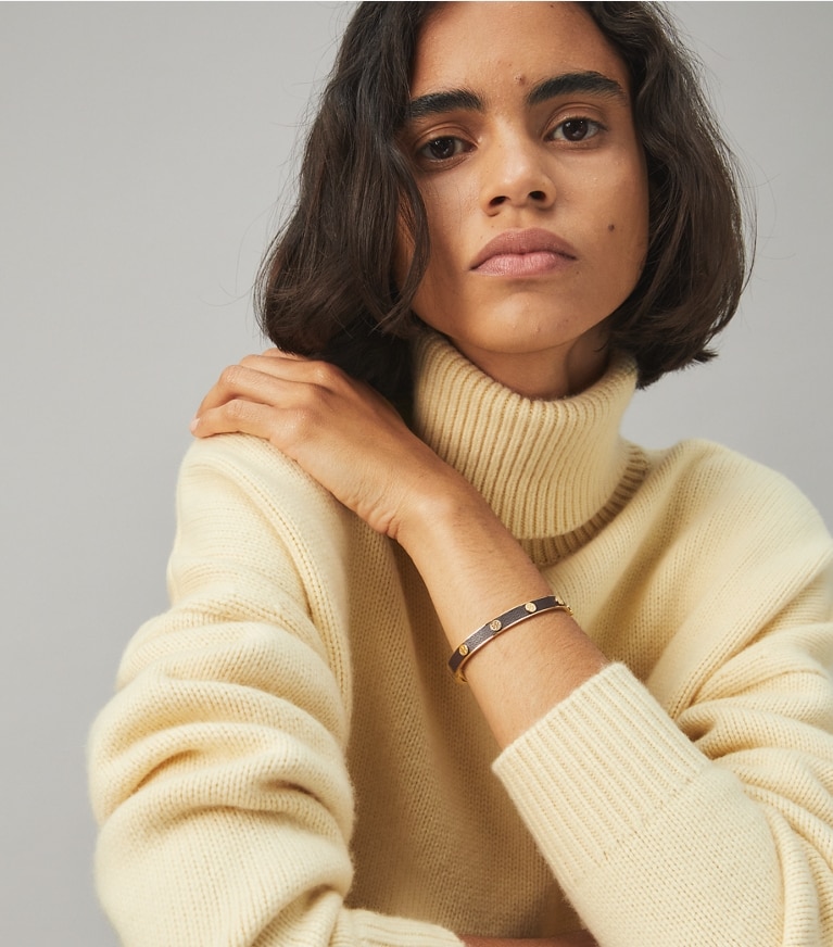 Tory Burch designer bracelets Miller Stud Leather Hinge Bracelet in Tory Gold / Pine Tree front