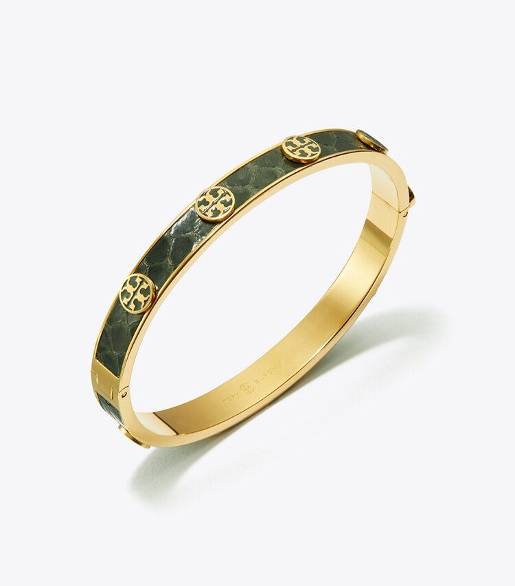 Tory Burch designer bracelets Miller Stud Leather Hinge Bracelet in Tory Gold / Green detail