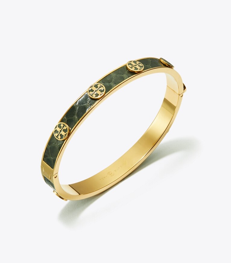 Tory Burch designer bracelets Miller Stud Leather Hinge Bracelet in Tory Gold / Green front