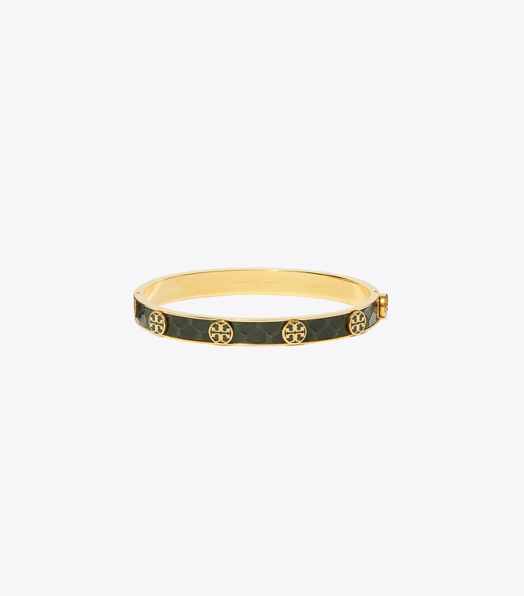 Tory Burch designer bracelets Miller Stud Leather Hinge Bracelet in Tory Gold / Green front