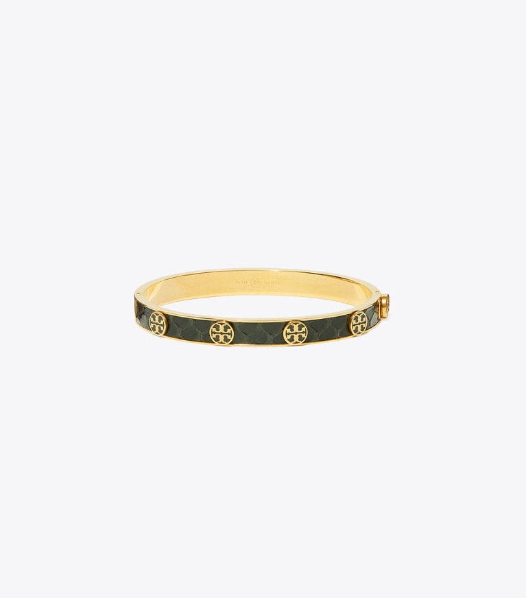 Tory Burch designer bracelets Miller Stud Leather Hinge Bracelet in Tory Gold / Green front