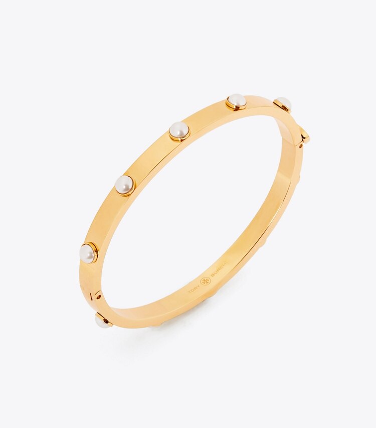 Tory Burch designer bracelets Miller Stud Pearl 5mm Hinge Bracelet in Tory Gold / Ivory Pearl detail