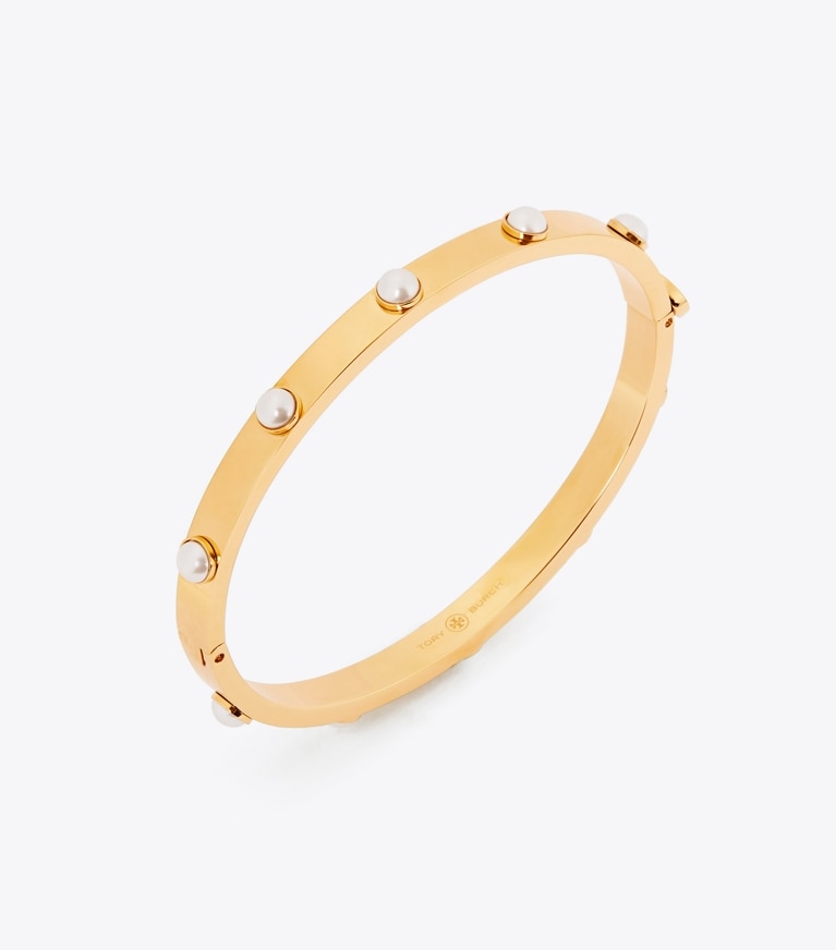 Tory Burch designer bracelets Miller Stud Pearl 5mm Hinge Bracelet in Tory Gold / Ivory Pearl front