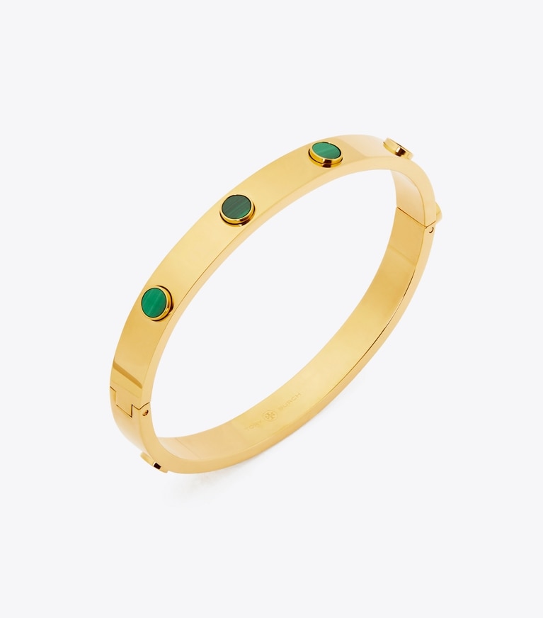 Tory Burch designer bracelets Miller Stud Semi-Precious Hinge Bracelet in Tory Gold / Malachite front