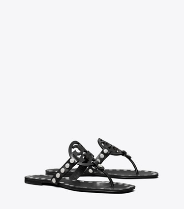 Tory Burch designer sandals Miller Studded Sandal in PERFECT BLACK / SILVER angle