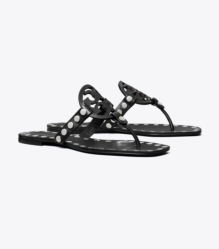 Tory Burch designer sandals Miller Studded Sandal in PERFECT BLACK / SILVER angle