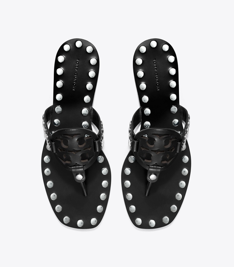 Tory Burch designer sandals Miller Studded Sandal in PERFECT BLACK / SILVER angle