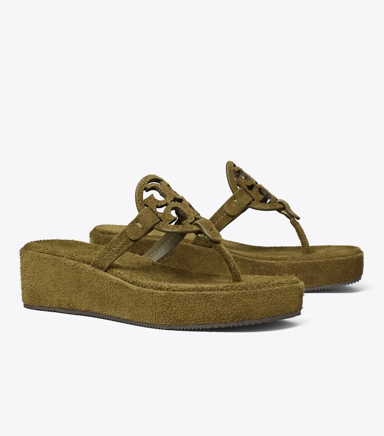 Tory Burch designer sandals Miller Suede Wedge Sandal in WILD OLIVE angle