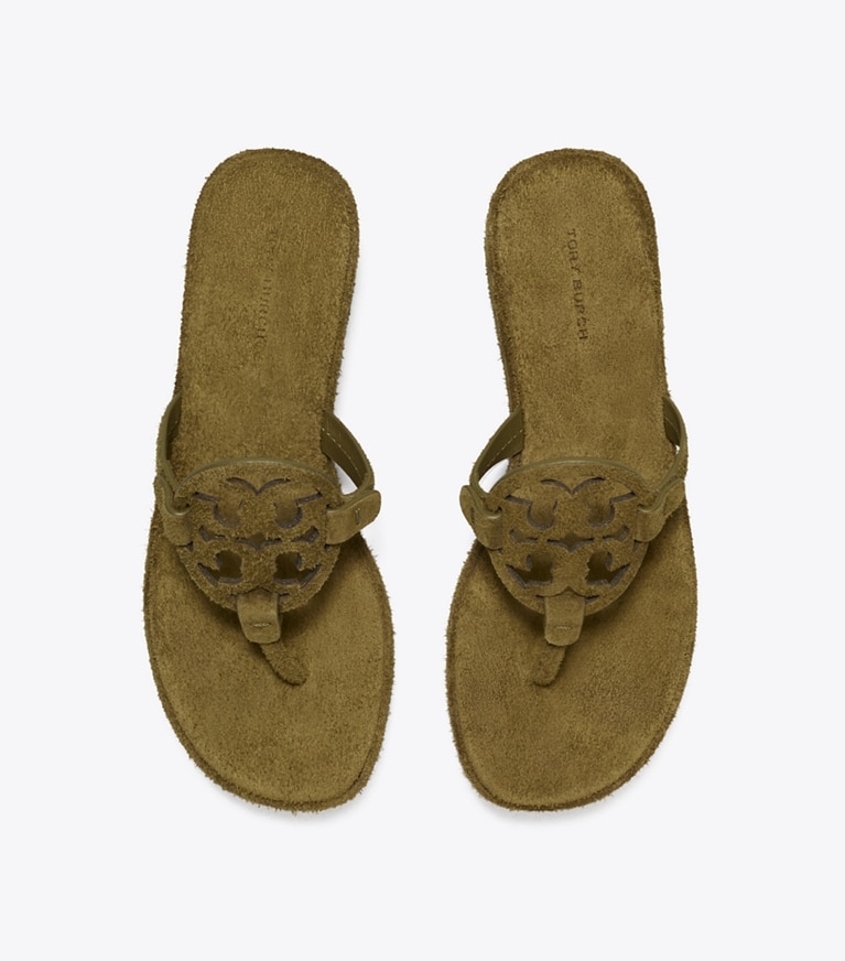 Tory Burch designer sandals Miller Suede Wedge Sandal in WILD OLIVE angle