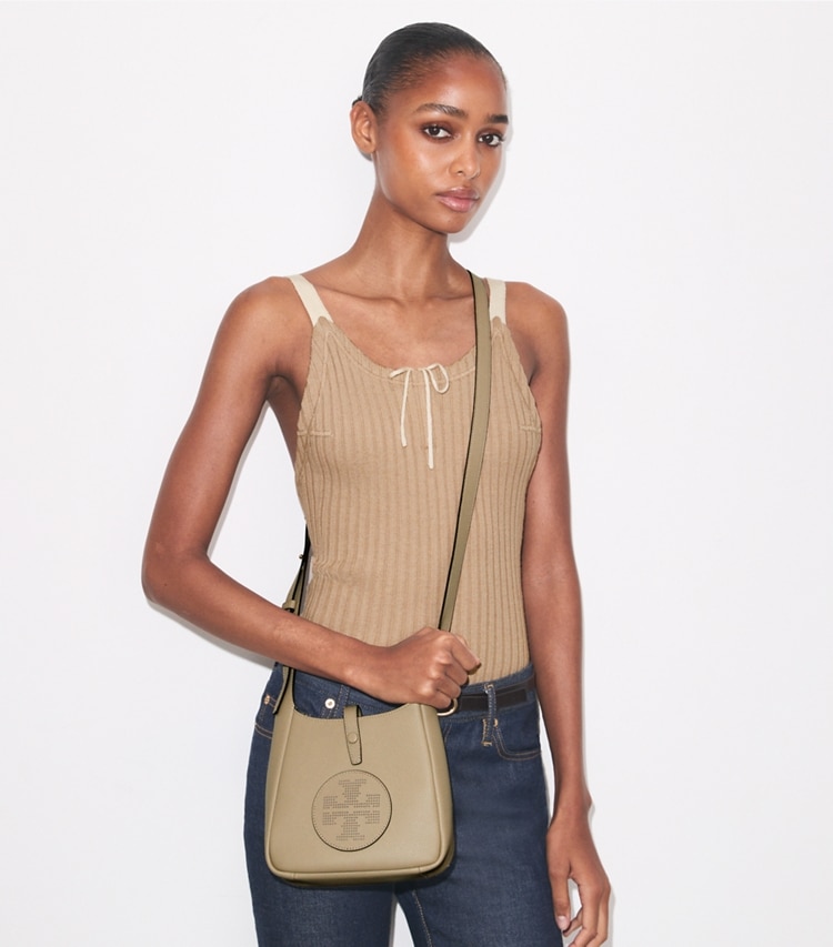 Tory Burch designer crossbody bags Miller Swing Crossbody Bag in Soft Cement accessory on model
