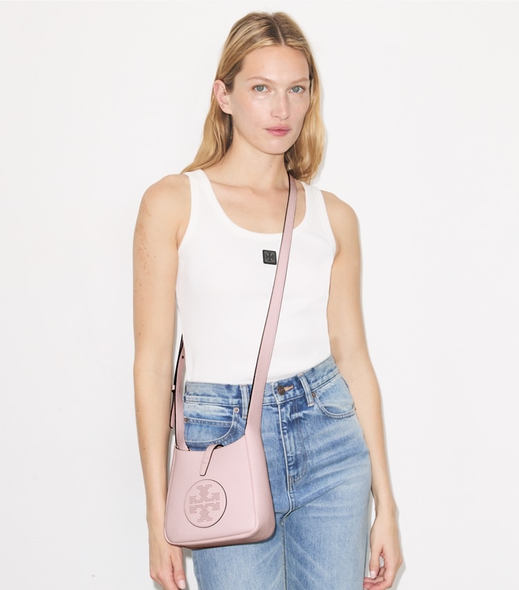Tory Burch designer crossbody bags Miller Swing Crossbody Bag in Soft Pink accessory on model