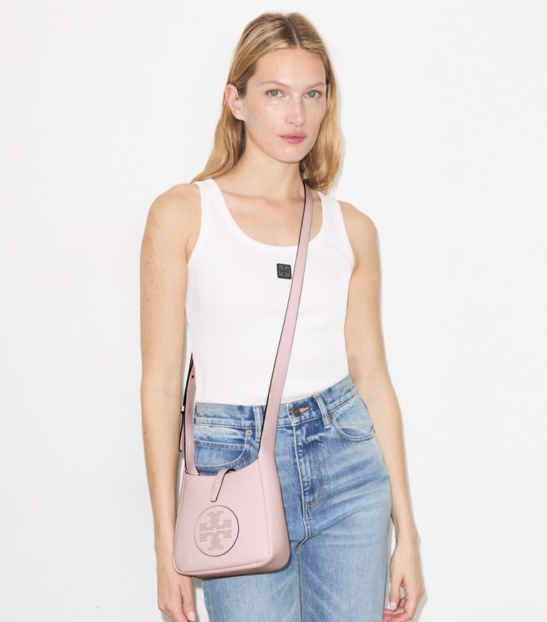 Tory Burch designer crossbody bags Miller Swing Crossbody Bag in Soft Pink accessory on model
