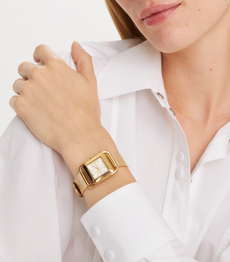 Tory Burch designer armbanduhren Miller Uhr aus goldfarbenem Edelstahl mit Mesh-Armband in IVORY/GOLD MESH front