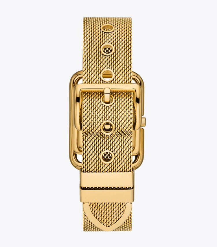 Tory Burch designer armbanduhren Miller Uhr aus goldfarbenem Edelstahl mit Mesh-Armband in IVORY/GOLD MESH zurück
