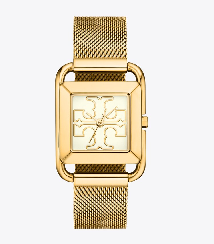 Tory Burch designer armbanduhren Miller Uhr aus goldfarbenem Edelstahl mit Mesh-Armband in IVORY/GOLD MESH front