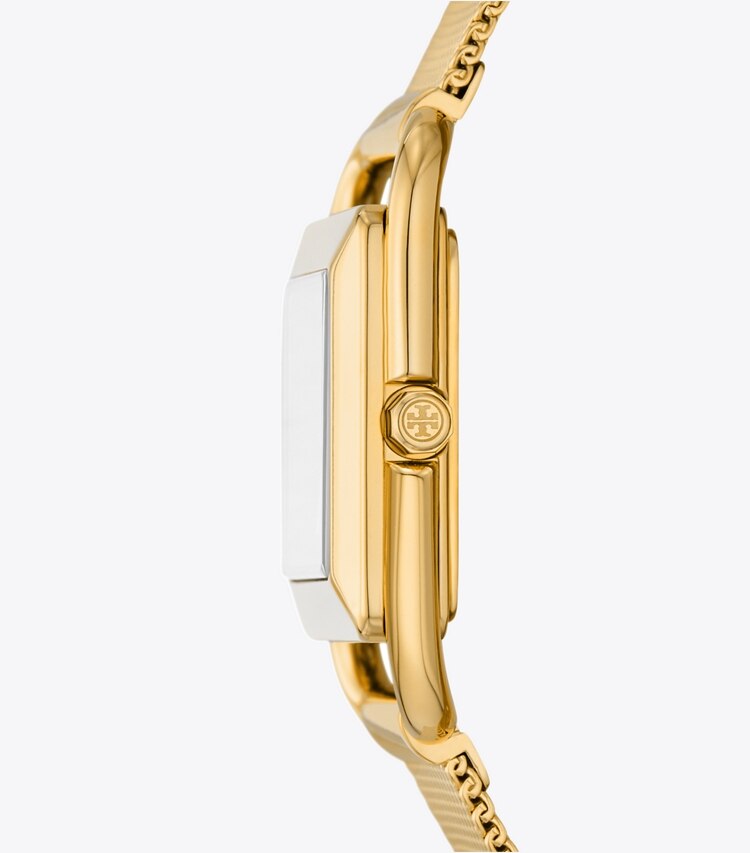 Tory Burch designer armbanduhren Miller Uhr aus goldfarbenem Edelstahl mit Mesh-Armband in IVORY/GOLD MESH side