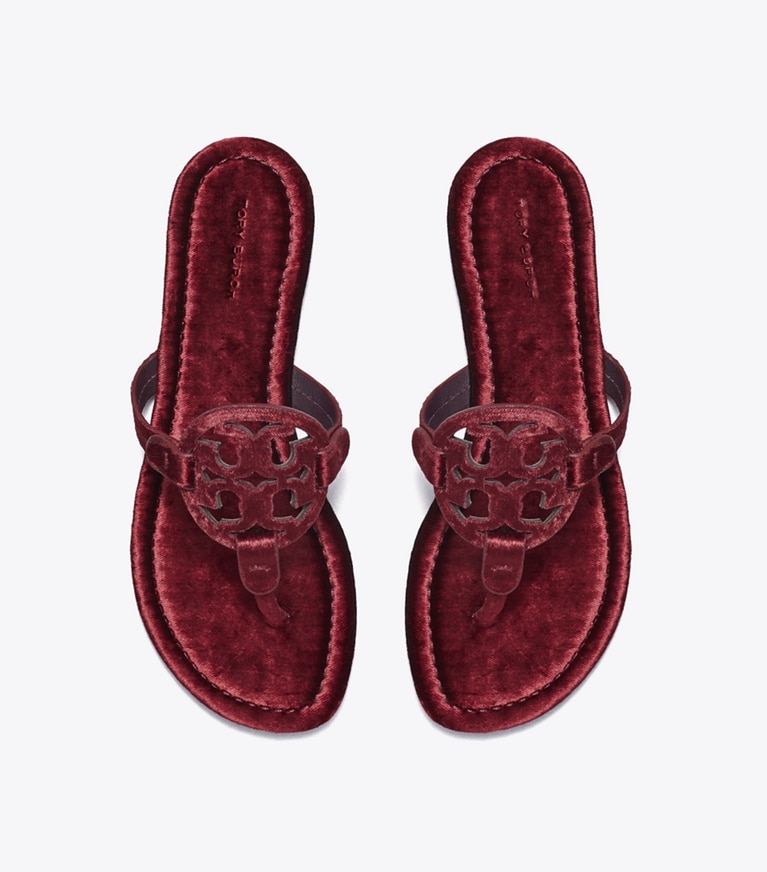Tory Burch designer sandals Miller Velvet Sandal in BURGUNDY BERRY angle