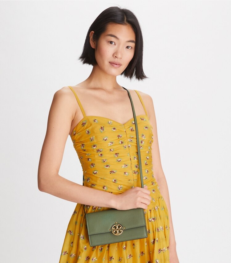 Tory Burch designer mini bags Miller Wallet Crossbody in PALM LEAF accessory on model