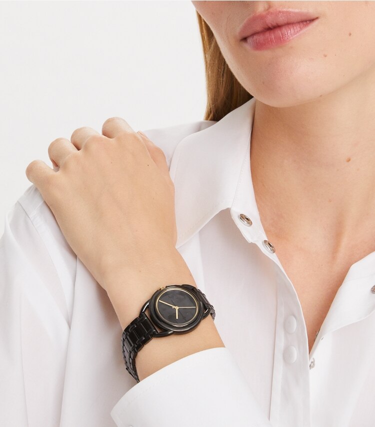 Tory Burch designer strap watches Miller Watch, Black Stainless Steel in BLACK/BLACK IP/GOLD accessory on model