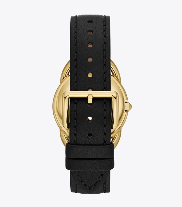 Tory Burch designer strap watches Miller Watch, Leather/Gold-Tone Stainless Steel in BLACK/GOLD back