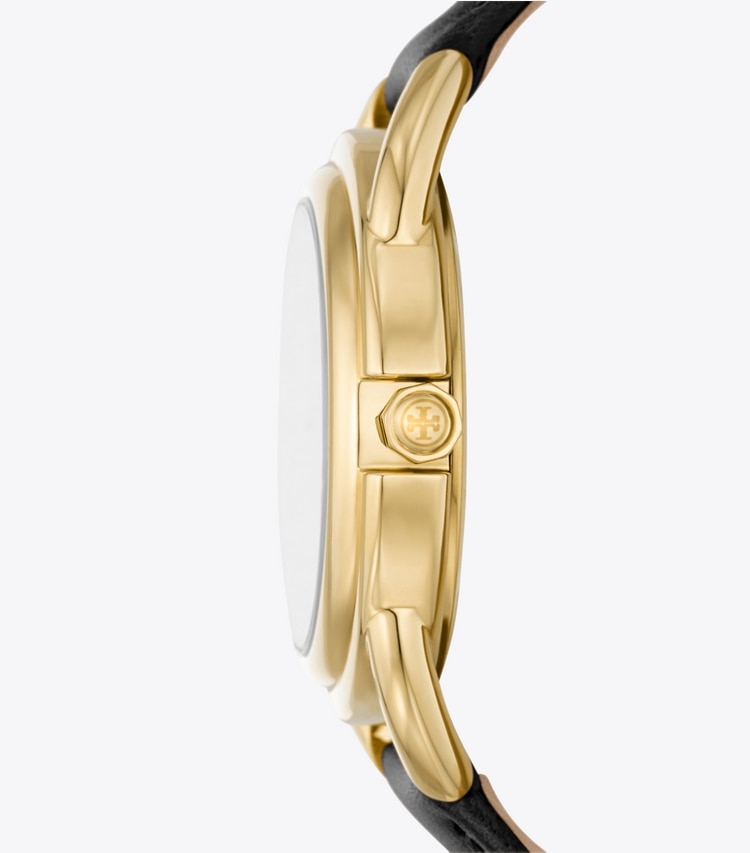 Tory Burch designer strap watches Miller Watch, Leather/Gold-Tone Stainless Steel in BLACK/GOLD side