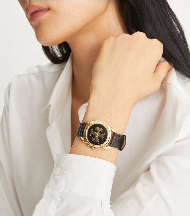 Tory Burch designer strap watches Miller Watch in IVORY/GOLD/LUGGAGE accessory on model