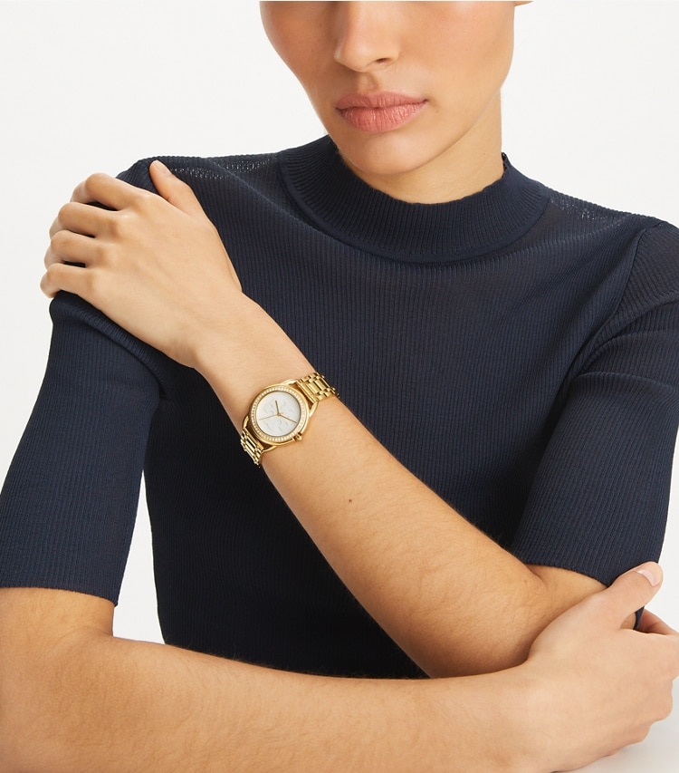 Tory Burch designer strap watches Miller Watch in MOP/STONES/GOLD accessory on model
