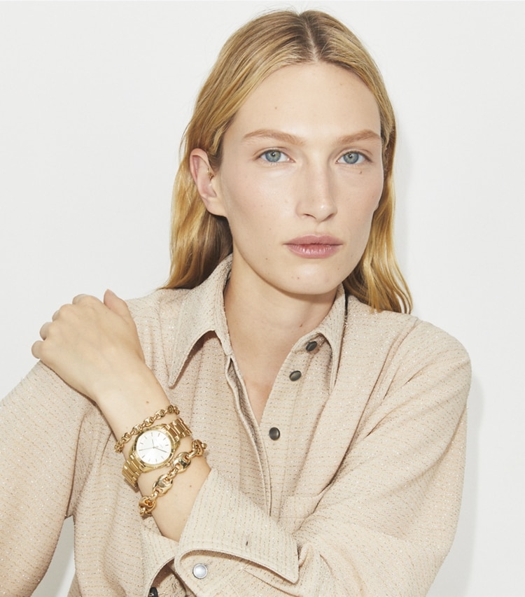 Tory Burch designer strap watches Miller Watch in IVORY/TWO-TONE accessory on model