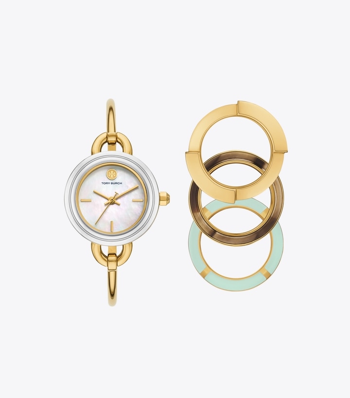 Tory Burch designer strap watches Miller Watch Gift Set in MOP/SILVER/GOLD/HORN/LIGHT BLUE front