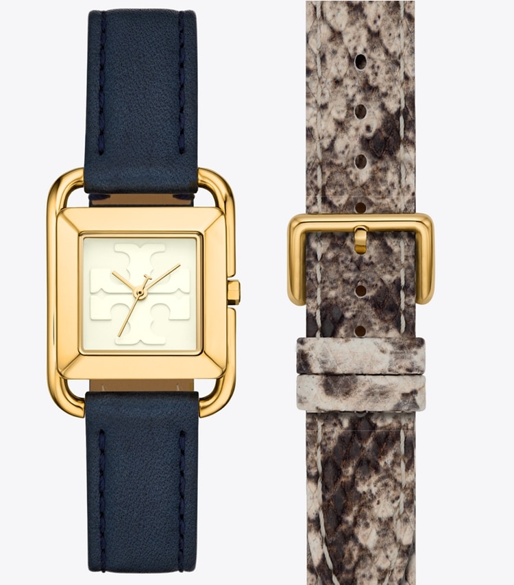 Tory Burch designer strap watches Miller Watch Set, Gold-Tone Stainless Steel in IVORY/GOLD/NAVY/SNAKE front